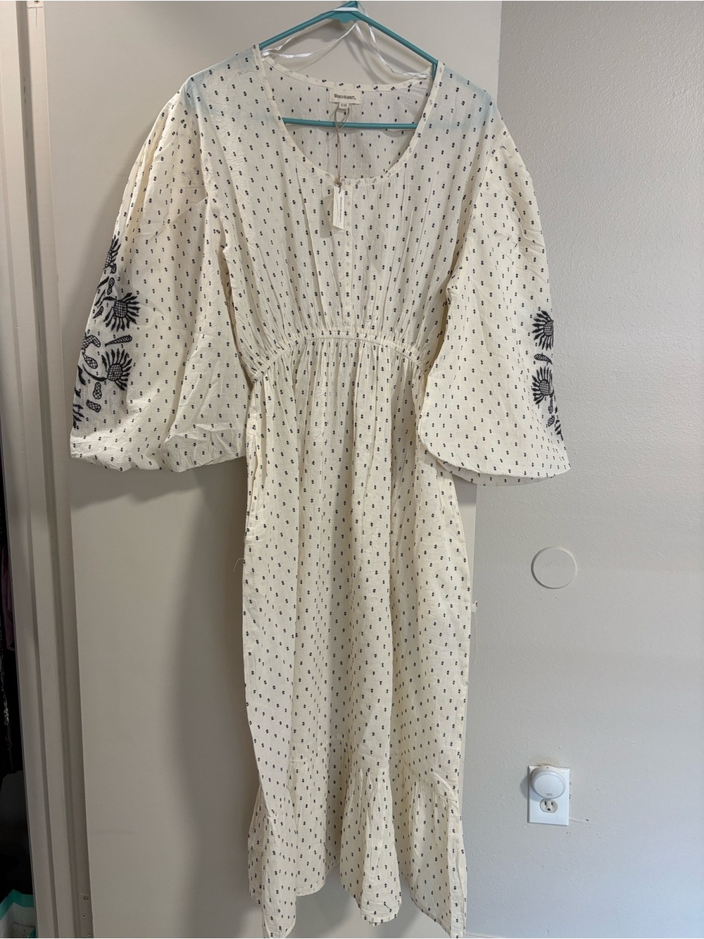 NWT World Market White Midi Dress with Black Dot Embroidered Print